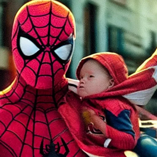 Image similar to realistic photo of spiderman holding baby wearing spiderman costumes, an film still