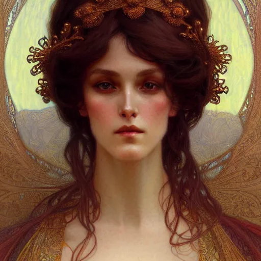 Image similar to character portrait of a modest woman, tall, feminine, powerful, modestly clothed, voluminous, intricate, elegant, highly detailed, digital painting, artstation, smooth, symmetrical, sharp focus, illustration, art by gaston bussiere and alphone mucha