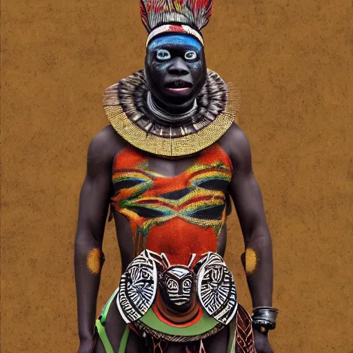 Prompt: an african shaman with an african mask, wearing an african outfit, shaman, zulu, hamar, himba, karo, masai, samburu, by alex gray and android jones, karol bak, ilya golitsyn, ayami kojima, amano, black panther, moebius, concept art, character design, fantasy, 3 d, 8 k resolution