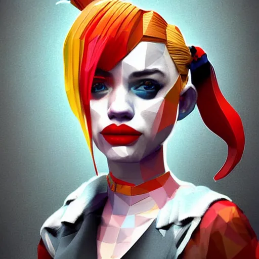 Image similar to digital art, low poly 3d render of Harley Quinn but she's a beautiful ape kid with long pony tails on either side of her head, illustration, by James Jean, artgerm, octane render, by John Coltrane and Marc Simonetti, Manic, graffiti, kinemacolor, colorful, high detail of the face