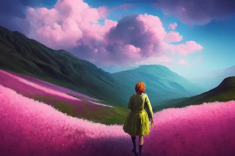 Image similar to giant dahlia flower face, girl walking on mountain, surreal photography, pink storm clouds, dramatic light, impressionist painting, digital painting, artstation, simon stalenhag