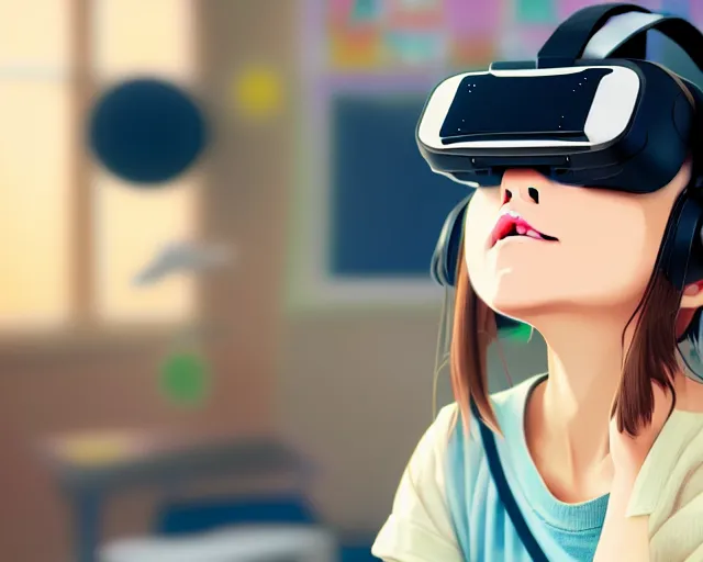 Image similar to anime fine details portrait of joyful girl in vr headset in school, bokeh. anime masterpiece by Studio Ghibli. 8k render, sharp high quality anime illustration in style of Ghibli, artstation