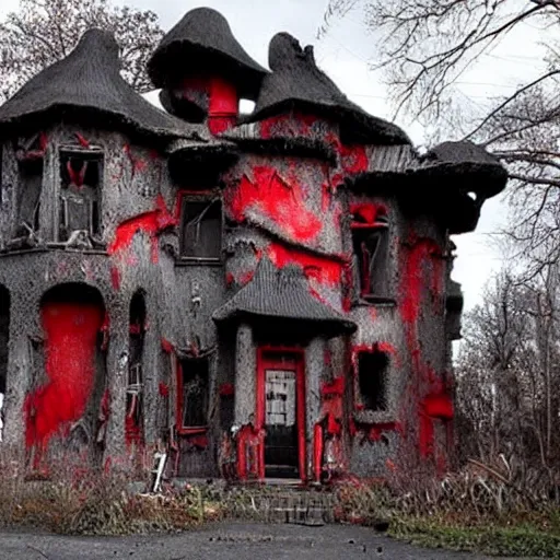 Prompt: House from hell looks like it was designed by a deranged madman. It's huge, with jagged black walls and spiked red roofs. There are strange symbols carved all over the exterior, and the windows are blood-red. The front door is massive and foreboding, with two enormous horns on either side. Photo.