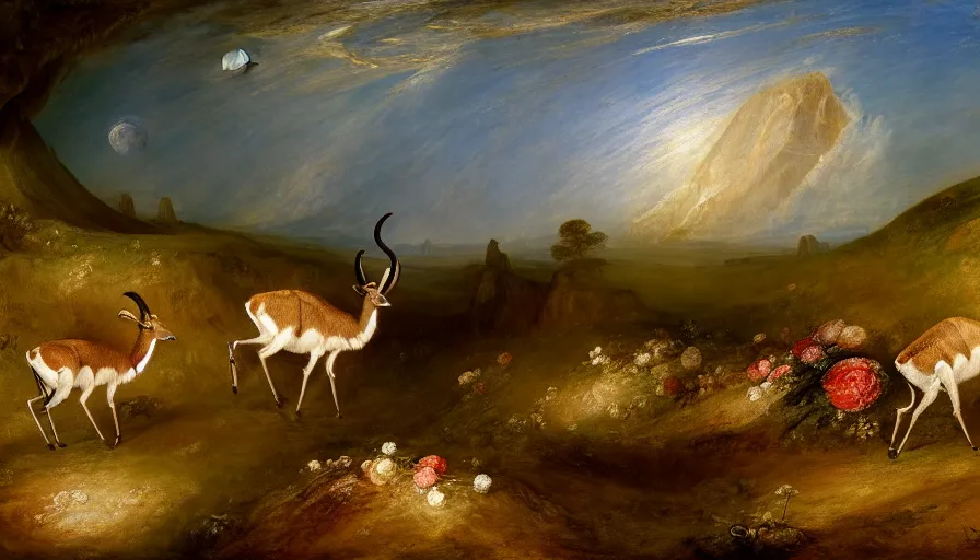Image similar to highly detailed painting of antelopes in a flower garden on the moon by william turner, thick brush strokes and visible paint layers, 4 k resolution