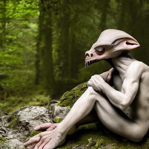 Prompt: A picture of a benign magical homanoid creature sitting on a rock in the forest eating one apple, thinking pose, looking in the distance, style of Petar Meseldžija, detailed, fanstasy