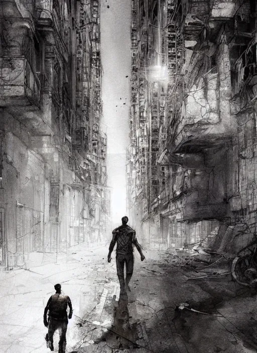 Image similar to portrait, the last man on earth walking the abandoned cities, watercolor, dramatic lighting, cinematic, establishing shot, extremely high detail, foto realistic, cinematic lighting, pen and ink, intricate line drawings, by Yoshitaka Amano, Ruan Jia, Kentaro Miura, Artgerm, post processed, concept art, artstation, matte painting, style by eddie mendoza, raphael lacoste, alex ross