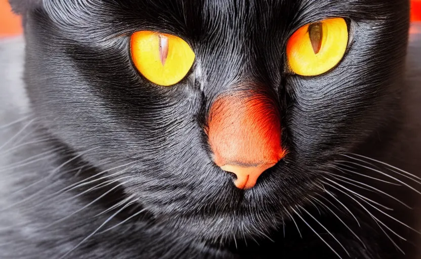 Image similar to A portrait of a black cat with orange and red eyes