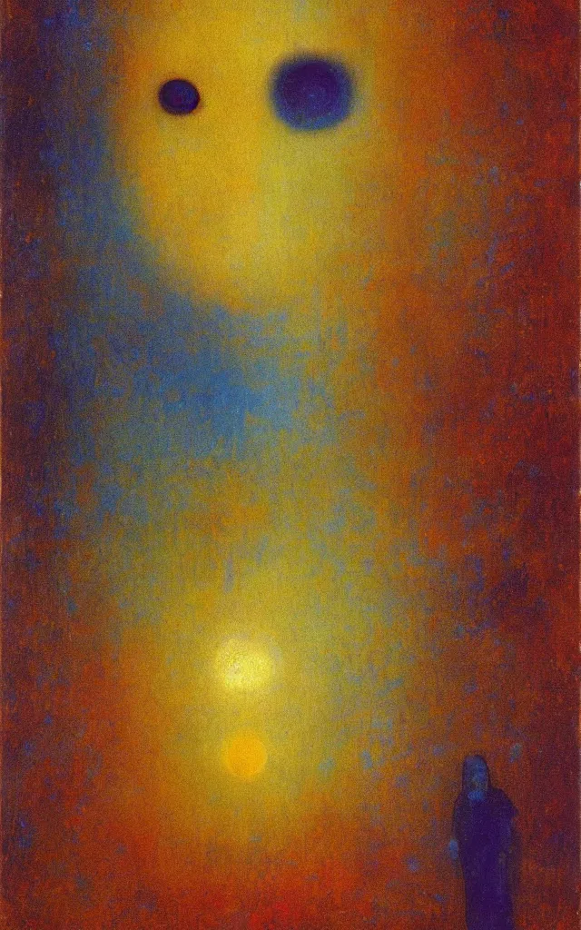 Image similar to iridescent spirit of wrath and fear cruel beautiful spirit with golden eyes lunar mythos ambient fog, award winning oil painting by Odilon Redon, lunar color palette