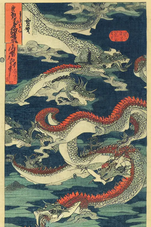 Prompt: A sea of dragons by Utagawa Kuniyoshi, ukiyo-e, nightmare ocean storm