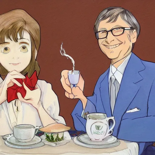 Image similar to drawing of Bill Gates crossdressing in linen dress while drinking tea, in the style of studio ghibli and Konstantin Razumov, fine details, high quality