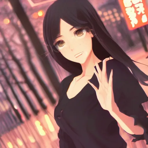 Prompt: a beautiful girl with dark hair facing camera, japanese style street background, ambient lighting, dynamic lighting, 4k, official media, anime key visual, makoto shinkai, ilya kuvshinov, rossdraws, detailed, trending on artstation