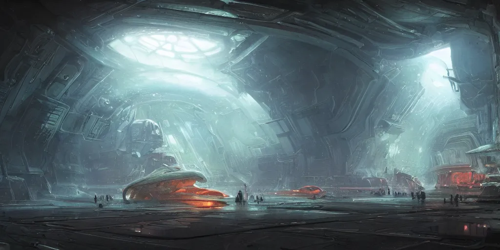 Prompt: an extremely detailed masterpiece epic color scene of the inside of a cavernous spaceship extraterrestrial pilots an opened hanger door and space in background, in the style of greg rutkowski and frank paul lehr and lebbeus woods, intricate, elegant, highly detailed, digital painting, artstation, cinematic lighting, extremely moody lighting, glowing light and shadow, 4 k