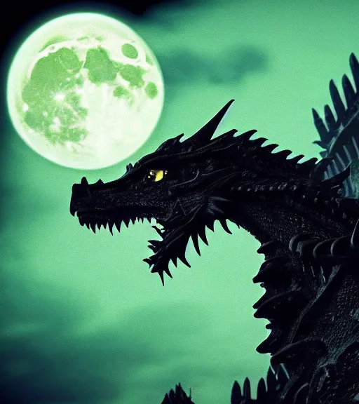 Prompt: a dragon silhouette crossing the full moon at night, with dark castle in foreground, cinematic frame by steven spielberg, game of thrones, hd