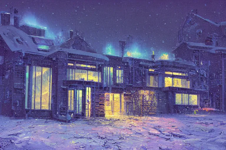 Prompt: cyberpunk, winter in the snow, external view of a 5 bedroom detached cyberpunk house in the UK, by Paul Lehr