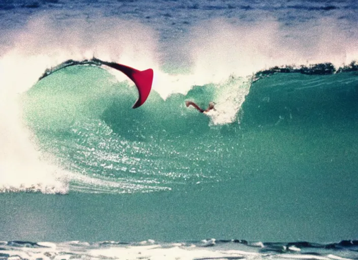 Image similar to color photo of a shark fin in the water. surfergirl riding a big wave in the 8 0's