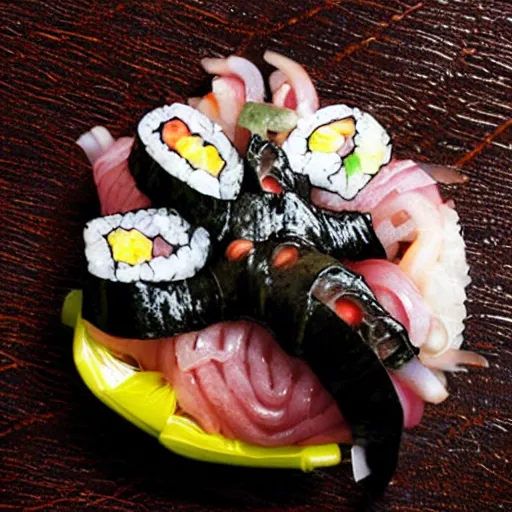 Image similar to an octopus gleefully transforms himself into sushi and sashimi