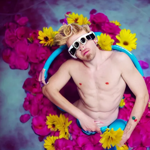 Prompt: close up kodak portra 4 0 0 photograph of a skinny guy with blonde hair laying in a tub of milk, aerial view, wearing goggles, flower crown, moody lighting, telephoto, 9 0 s vibe, blurry background, vaporwave colors, faded!,