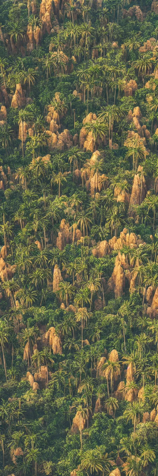 Image similar to photo of vertical golden village, arid mountains and lush palm forest, photo realism, sharp focus, octane