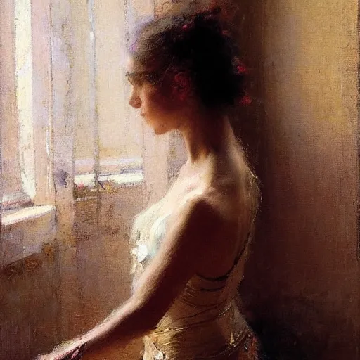 Prompt: portrait of a emotional dancer practicing alone, soft window light, long shadows, by gaston bussiere, jeremy mann.