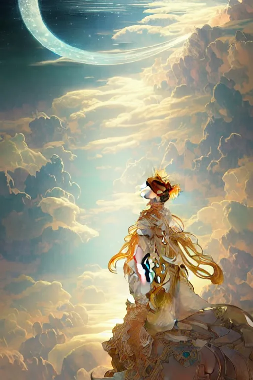 Image similar to a huge ship in the clouds high in the sky moonlight, ssci - fi and fantasy, intricate and very beautiful and elegant, highly detailed, digital painting, artstation, concept art, smooth and sharp focus, ( ( illustration, art by tian zi and wlop and alphonse mucha ) )