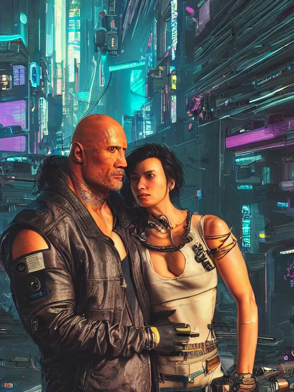 Image similar to a cyberpunk 2077 portrait of Dwayne Johnson hug a female android , complex mess of cables and wires behind them connected to giant computer, love,film lighting, by laurie greasley,Lawrence Alma-Tadema,William Morris,Dan Mumford, trending on atrstation, full of color, mythological, high detailed,golden ratio,cinematic lighting