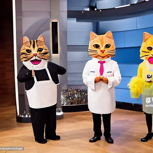 Image similar to anthropomorphic cats competing at masterchef TV show, studio shot