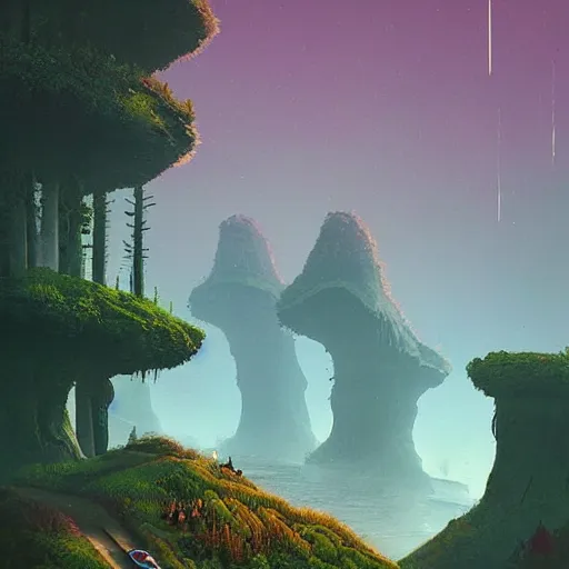 Prompt: beautiful digital artwork of a lush natural scene on an alien planet by simon stalenhag. extremely detailed. science fiction. interesting color scheme. beautiful landscape. weird vegetation. cliffs and water.