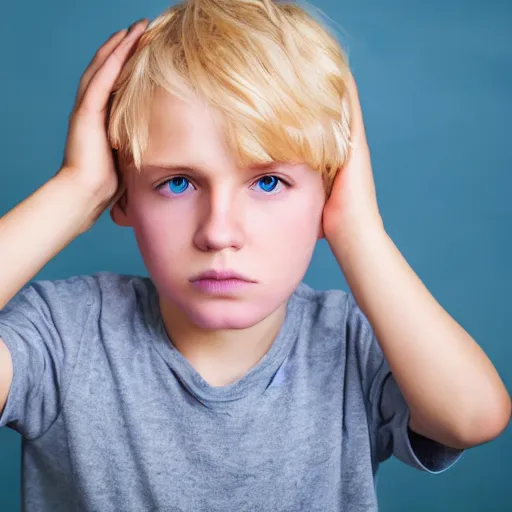 Image similar to portrait of a boy with his hand on his face, extremely realistic and real, photorealistic, blonde hair and blue eyes, detailed facial structure, real eyes that are detailed