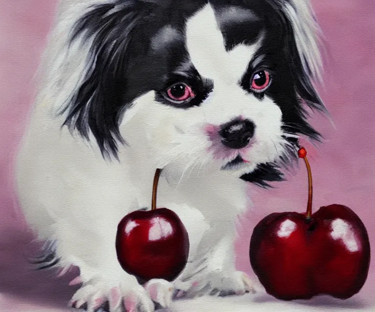 Image similar to white and black japanese chin dog eating cherry muffins, water painting