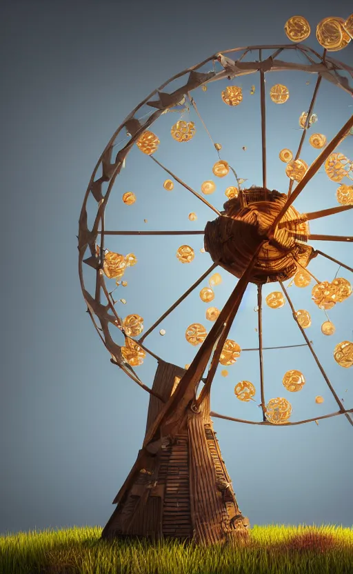 Image similar to tiny wooden windmill, floating, rbc, radiolaria, protophyta, micro - organisms, center frame, symmetric, rim light, marine microbiology, bioluminescence, electric, soft, concept art, intricate details, highly detailed, colorful, photorealistic, disney pixar, octane render, iridescent, anime, 8 k