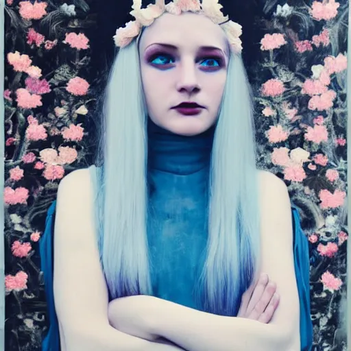 Image similar to a pale girl with white hair wears floral crown, sad blue eyes, cinematic lighting, ultra detailed, grand master oil painting