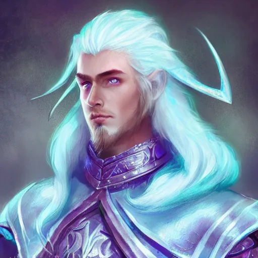 Image similar to handsome male snow elf in a turquoise cape and silver ornate armour, albino skin, ultra detailed fantasy, elden ring, realistic, dnd character portrait, full body, dnd, rpg, lotr game design fanart by concept art, behance hd, artstation, deviantart, global illumination radiating a glowing aura