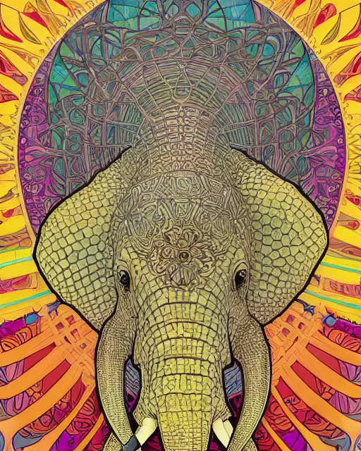 Prompt: Elephant head art surrounded by varities of pineapple, cell shading, voronoi, fibonacci sequence, sacred geometry by Alphonse Mucha, Moebius, hiroshi yoshida, Art Nouveau, colorful, ultradetailed, vivid colour, 3d