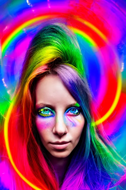 Prompt: a award winning half body portrait photograph of a beautiful woman with stunning eyes in a croptop and cargo pants with rainbow colored hair, routlined by whirling illuminated neon lines, fine rainbow colored lines swirling in circles, outrun, vaporware