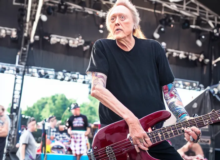 Image similar to photo still of christopher walken on stage at vans warped tour!!!!!!!! at age 5 5 years old 5 5 years of age!!!!!!! shredding on guitar, 8 k, 8 5 mm f 1. 8, studio lighting, rim light, right side key light