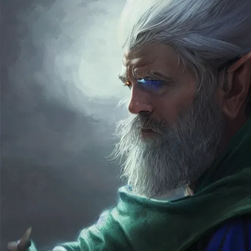 Prompt: Portrait of a middle aged elf, long beard, blue robes, olive skin and a raised fist, detailed face, cinematic lighting, highly detailed, digital art painting by greg rutkowski