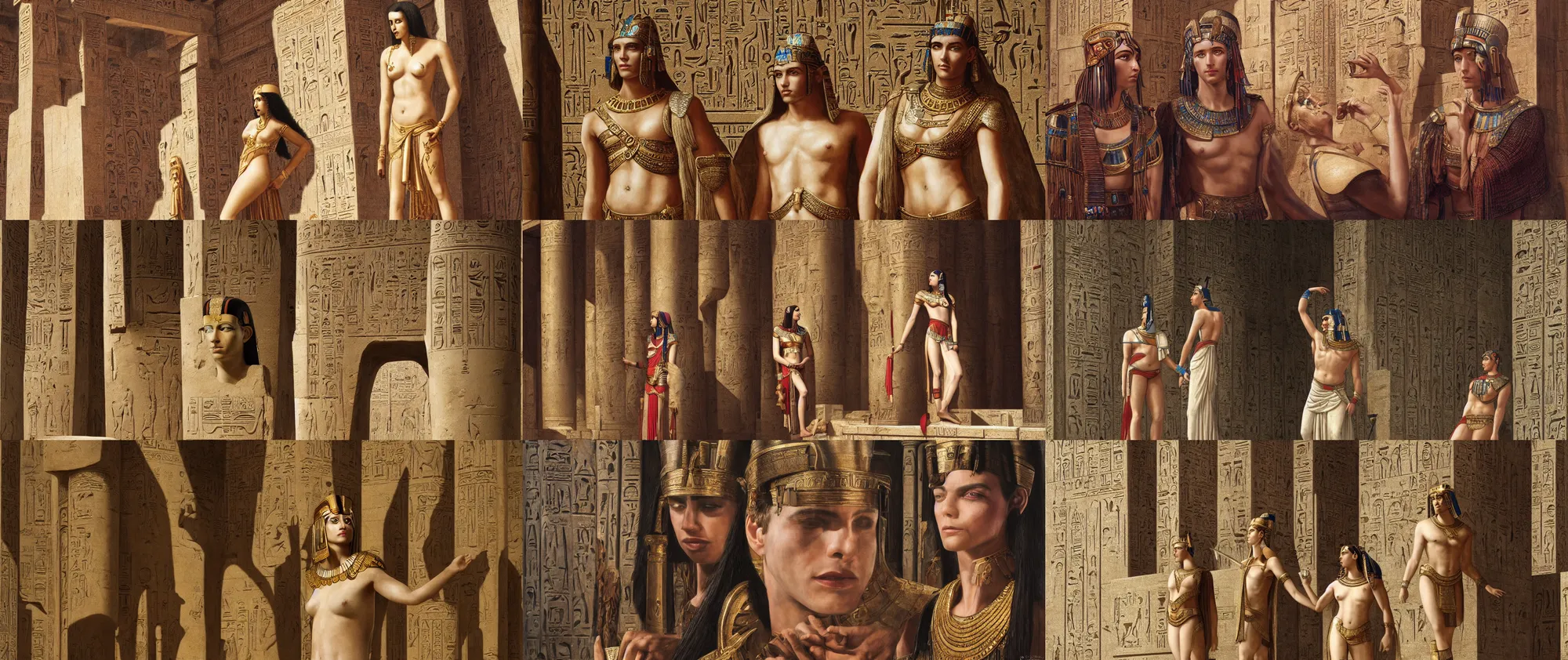 Prompt: Cleopatra meets Julius Caesar in glorious Egyptian temple, symmetrical face, beautiful eyes, fine art, high quality realist painting, realism, museum quality work, digital art, art style of John Collier, Moebius, Studio Ghibli, hyperrealistic, detailed, cinematic, widescreen, 4K