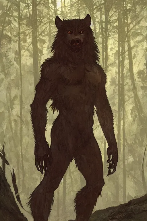 Image similar to fullbody portrait of a male werewolf, bared teeth, long claws, by greg rutkowski and alphonse mucha, gradient brown to silver, in front of a forest at night background, highly detailed, digital painting, artstation, concept art, smooth, sharp focus illustration