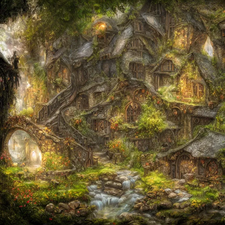 Image similar to inside a medieval hobbit home, ornate, beautiful, mist, smoke, chimney, rain, waterfall, melting, snow, creek, lush, ice, bridge, forest, flowers, concept art illustration, color page, 4 k, tone mapping, magic realism, josephine wall, huang guangjian, viktoria gavrilenko, amanda sage, trending on artstation