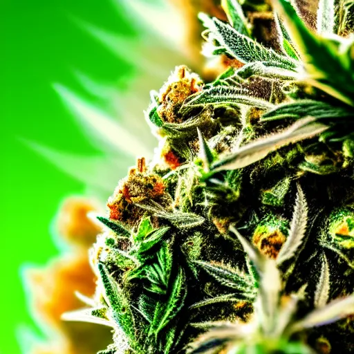 Prompt: closeup macro photography of a marijuana bud showing crystals and trichomes