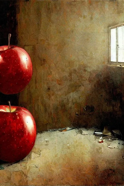 Prompt: A giant rotten apple floating in an abandoned bedroom, detailed art by Phil Hale and Ilya repin