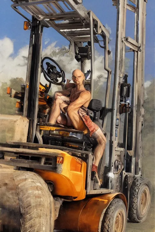 Image similar to a bald man driving a fork lift truck by Frank Frazetta, Ivan Aivakovsky, Boris Vallejo, epic character art, full length, Exquisite detail, post-processing, masterpiece, cinematic, 8k, ultra realistic, hyper detailed