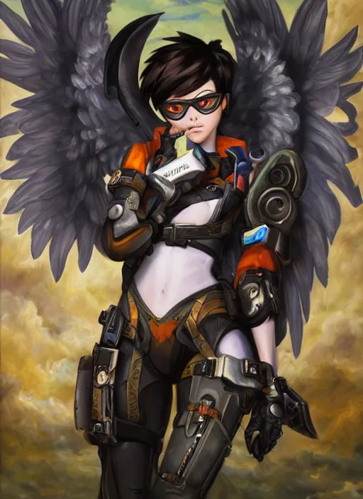 Image similar to full body oil painting of tracer overwatch in the style of sophie anderson, angel wings, black garment, dramatic painting, wearing steel collar,