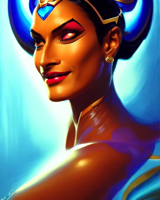 Image similar to symmetra from overwatch, elegant, confident, smug, strong, colorful, fantasy, fantasy art, character portrait, portrait, close up, highly detailed, intricate detail, amazing detail, sharp focus, vintage fantasy art, vintage sci - fi art, radiant light, caustics, by boris vallejo