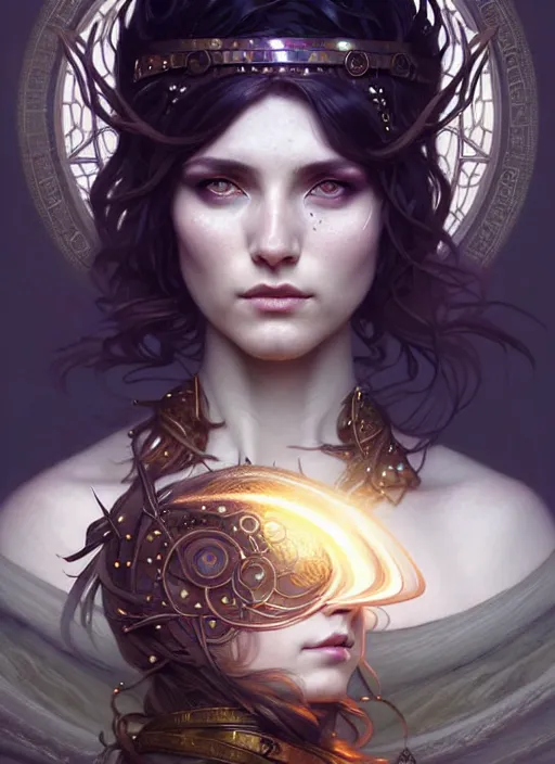 Image similar to a beautiful cinematic female druid goddess, galatic shamen with Quantum energy fantasy, fantasy magic, undercut hairstyle, dark light night, intricate, elegant, sharp focus, illustration, highly detailed, digital painting, concept art, matte, art by WLOP and Artgerm and Greg Rutkowski and Alphonse Mucha, masterpiece