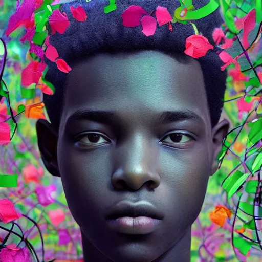 Prompt: colourful vfx art - portrait of focussed nigerian boy wrapped in flowers & vines, art by hsiao - ron cheng & james jean, volumetric light, ray tracing, sharp, detailed, digital painting, illustration, highly detailed, intricate detail, unreal engine, octane render, pinterest, behance, art station,