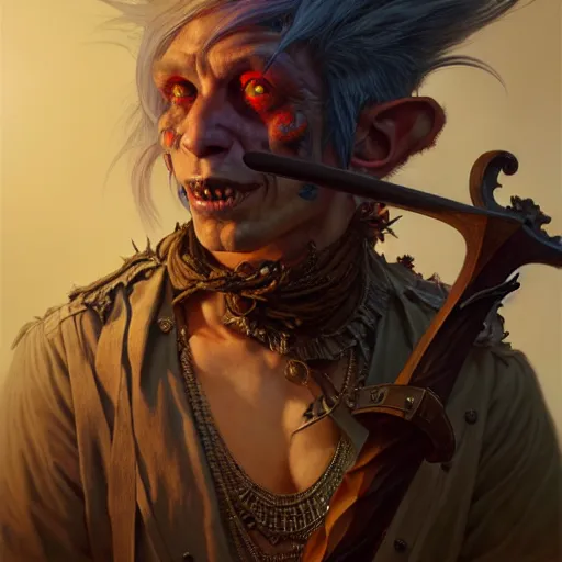 Image similar to portrait painting of a punk goblin bard with an axe, ultra realistic, concept art, intricate details, eerie, highly detailed, photorealistic, octane render, 8 k, unreal engine. art by artgerm and greg rutkowski and charlie bowater and magali villeneuve and alphonse mucha