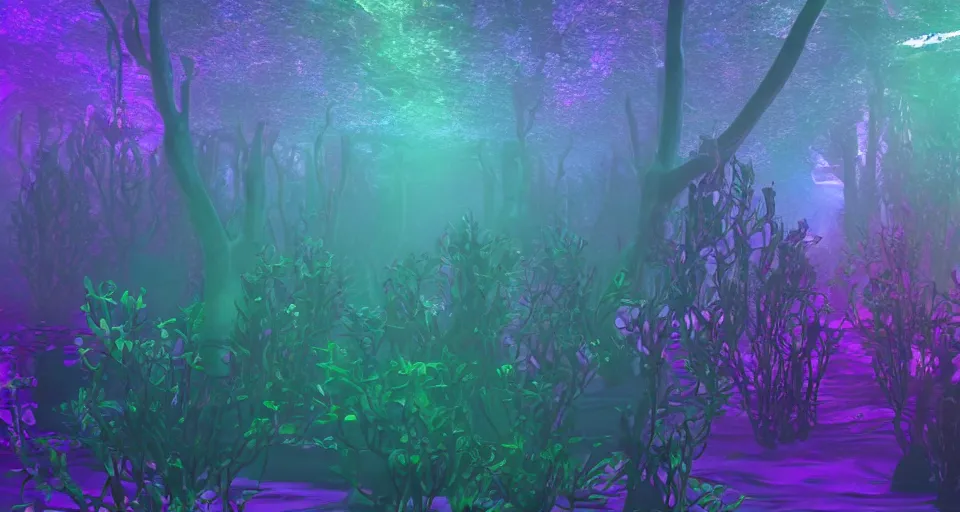 Image similar to 3d Render of colorful deep sea forest, grainy, noisy