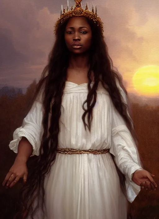 Image similar to oil painting close up portrait of a contemplative young black celtic woman with long dark flowing hair in a white dress, wearing a crown of white roses!! at sunset, hazy, digital art, chiaroscuro, artstation, cinematic, golden hour, digital art painting by greg rutkowski, william - adolphe bouguereau, hazy atmosphere, cinematic lighting