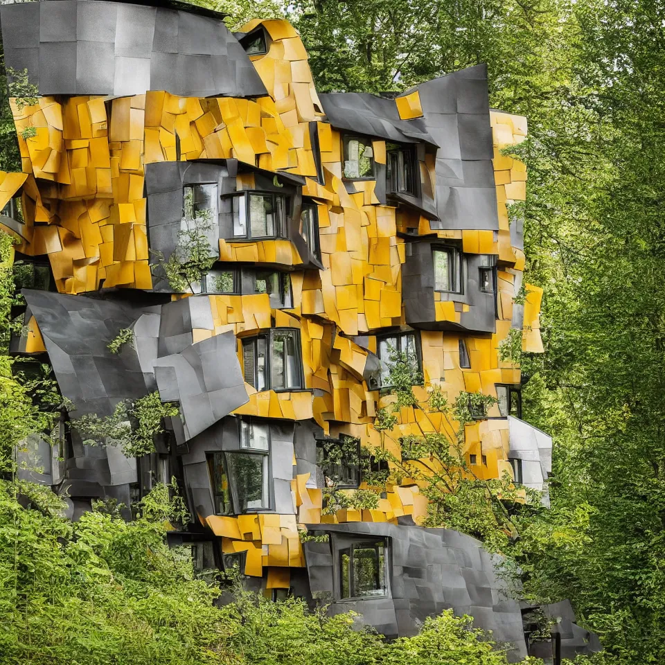 Image similar to a tiny flat horizontal house in the black forest, designed by Frank Gehry. Big tiles. Small wooden pathway . Film grain, cinematic, yellow hue